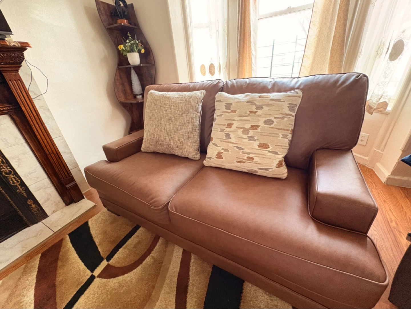Brown Leather Sofa with Throw Pillows - photo 3
