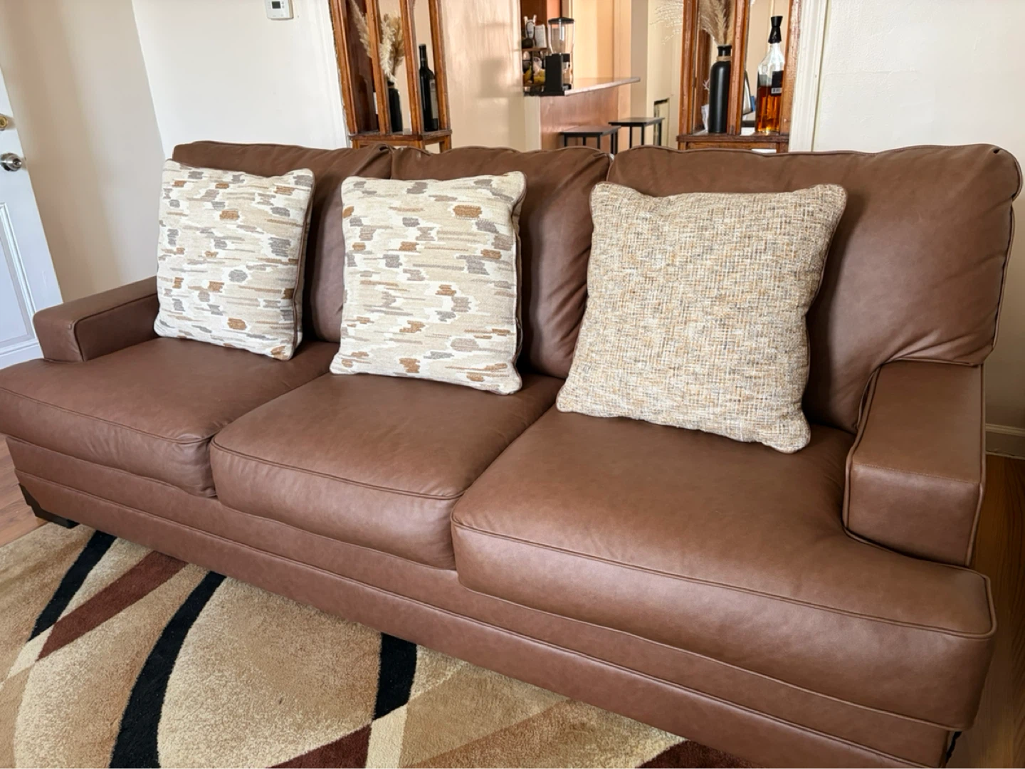 Brown Leather Sofa with Throw Pillows - photo 4