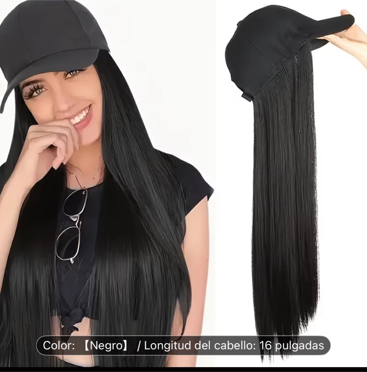 Black Baseball Cap with Long Straight Hair Extension - 16 Inches