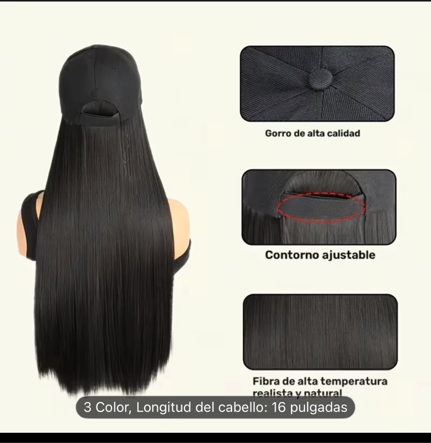 Black Baseball Cap with Long Straight Hair Extension - 16 Inches - photo 2