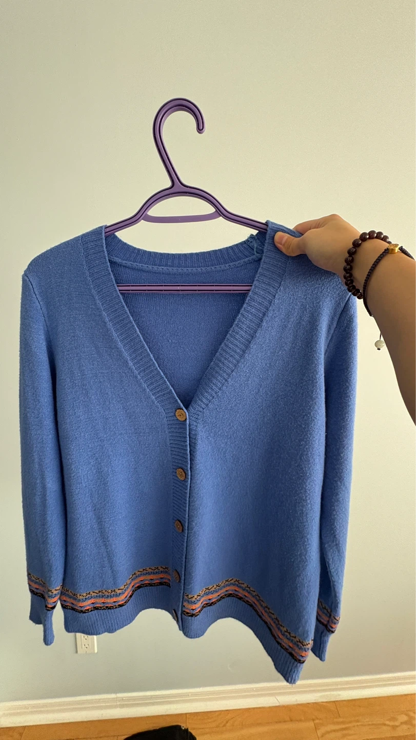 Blue Knit Cardigan with Embroidered Trim