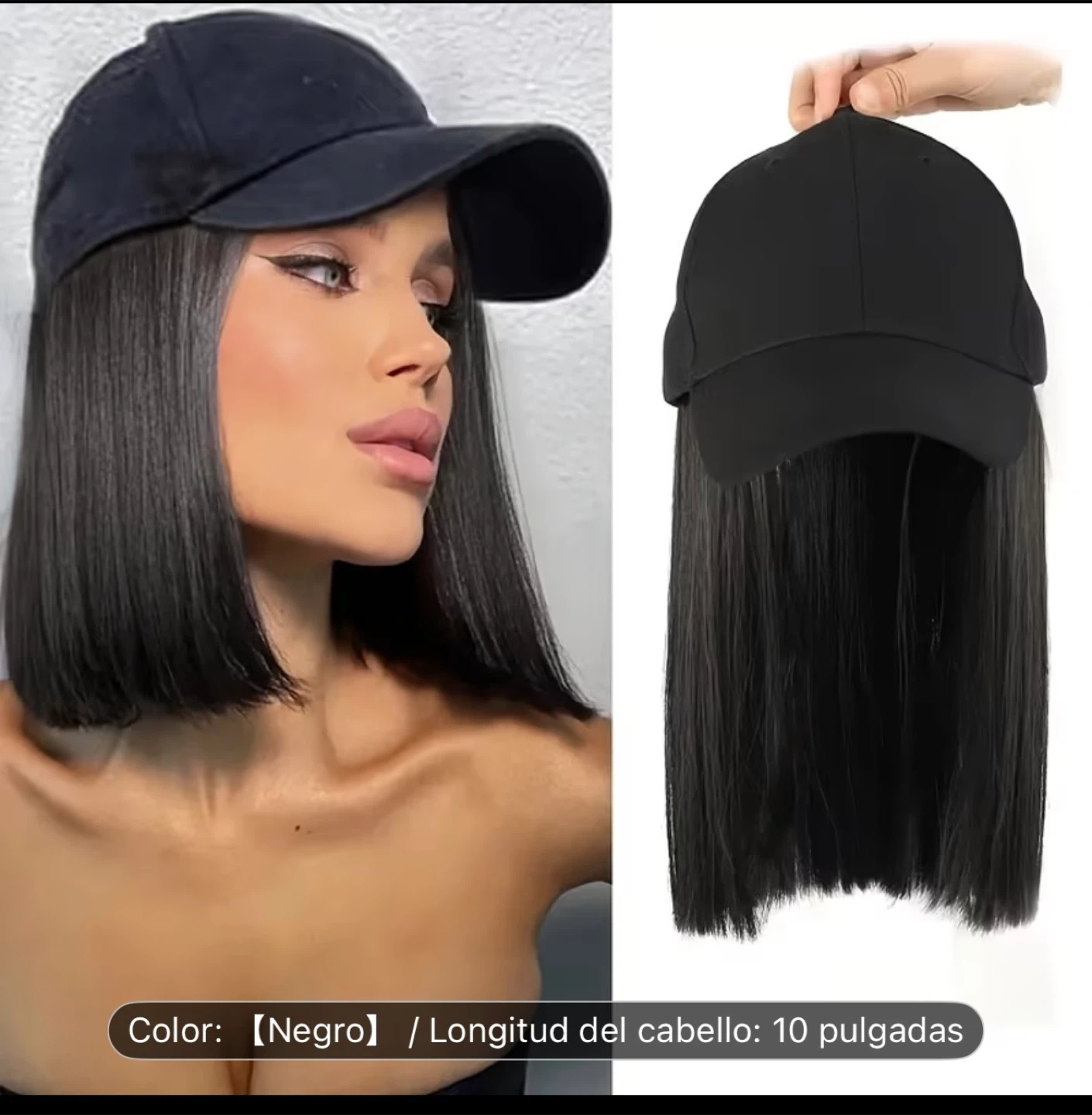 Black Baseball Cap with Integrated Bob Wig - 10 Inch Hair