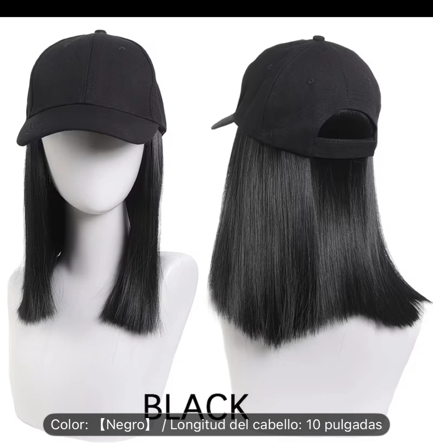 Black Baseball Cap with Integrated Bob Wig - 10 Inch Hair - photo 3