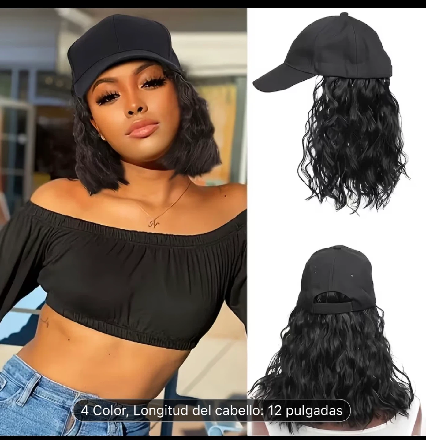 Black Baseball Cap with Curly Hair Attachment - 12 inches - photo 2