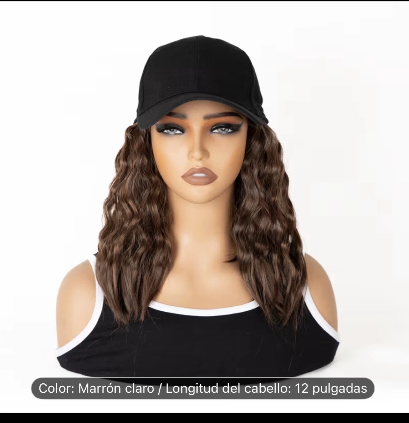 Black Baseball Cap with Curly Brown Hair - 12 Inches