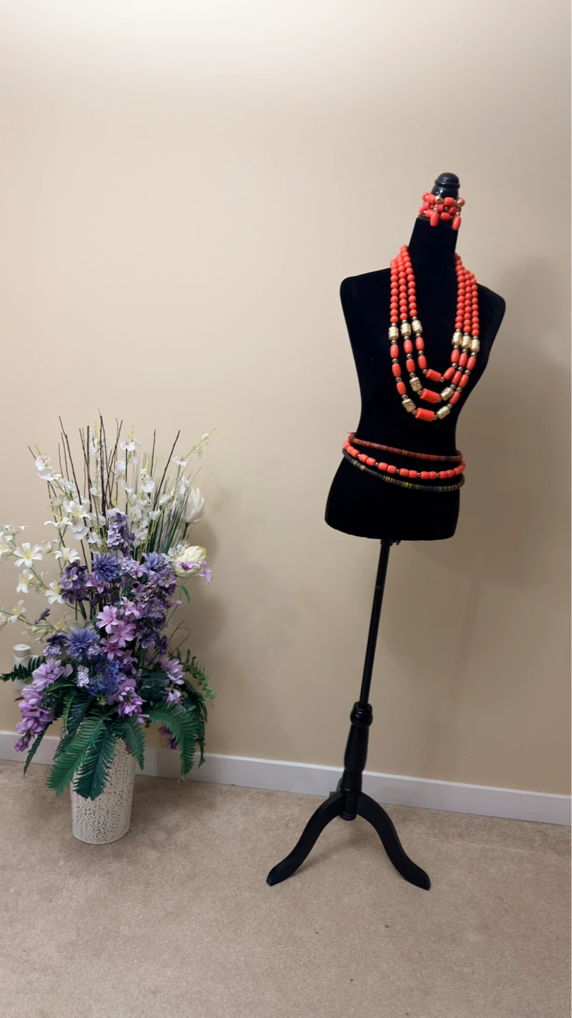Coral and Gold Beaded Necklace, Bracelet, and Waist Beads Set