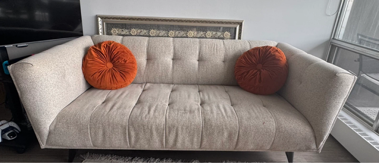 Tufted Accent Sofa with Orange Throw Pillows