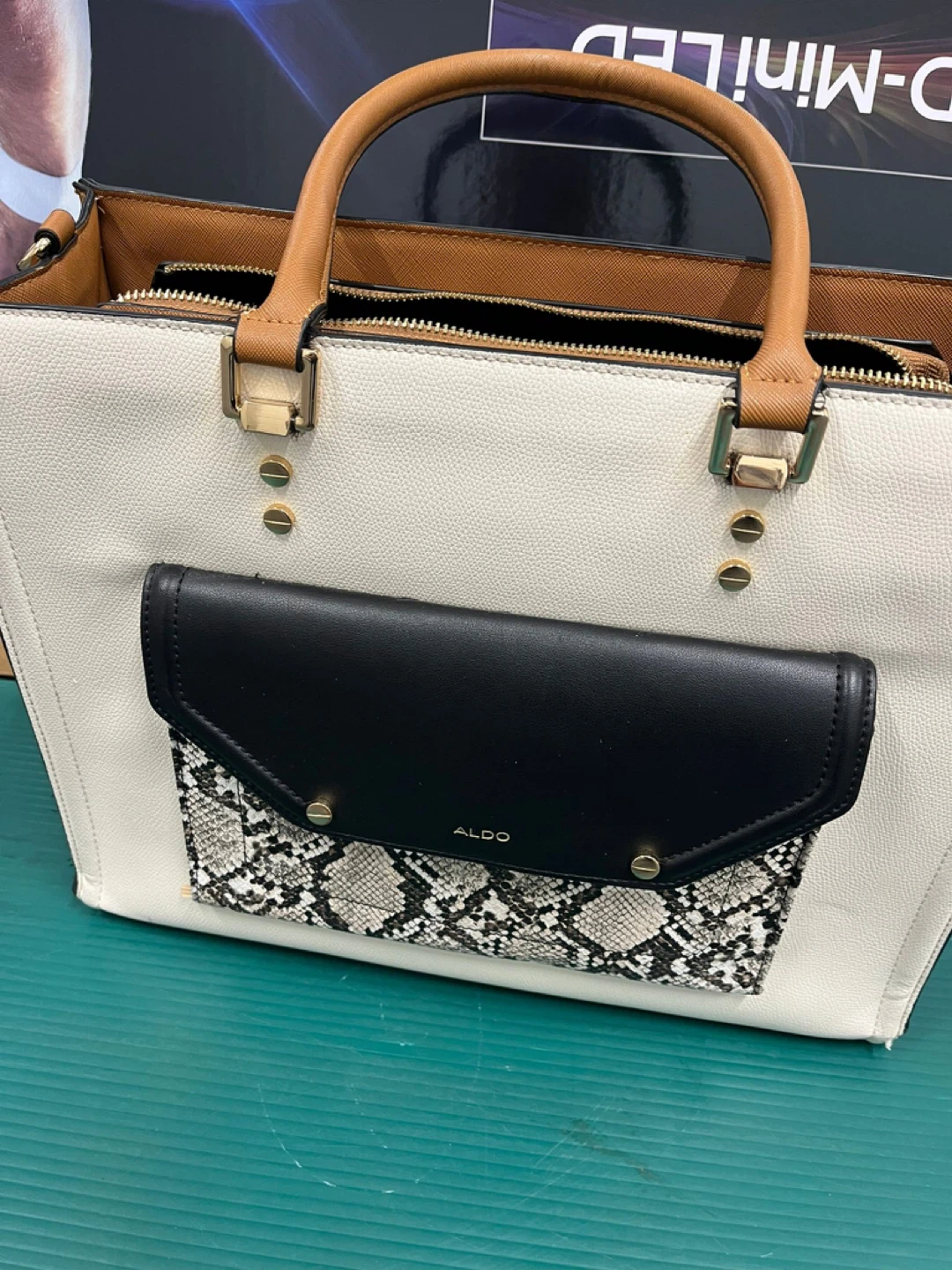 ALDO White and Tan Tote Bag with Snake Print Accent - photo 5