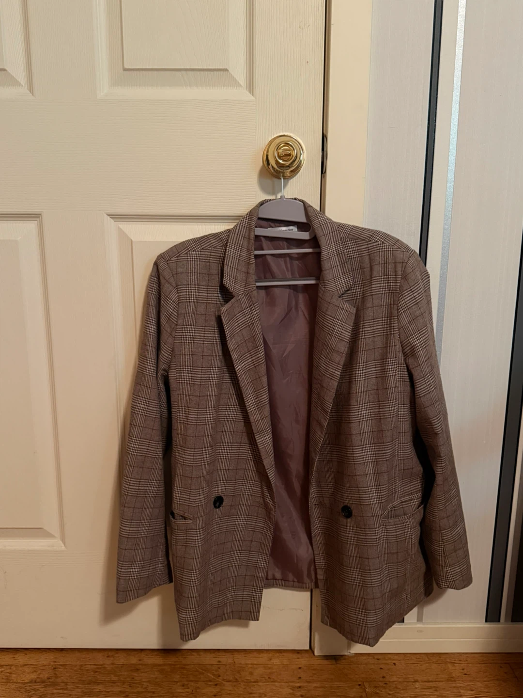 Brown Plaid Double-Breasted Blazer