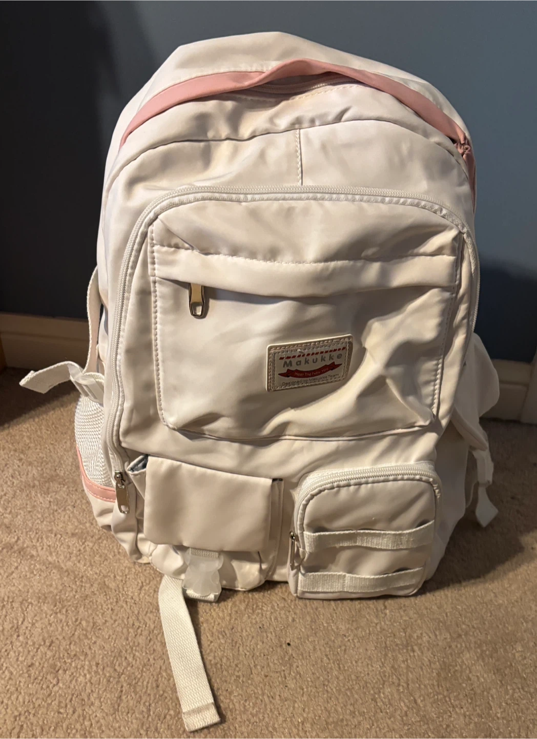 Beautiful Makukke Backpack - White with Pink Trim