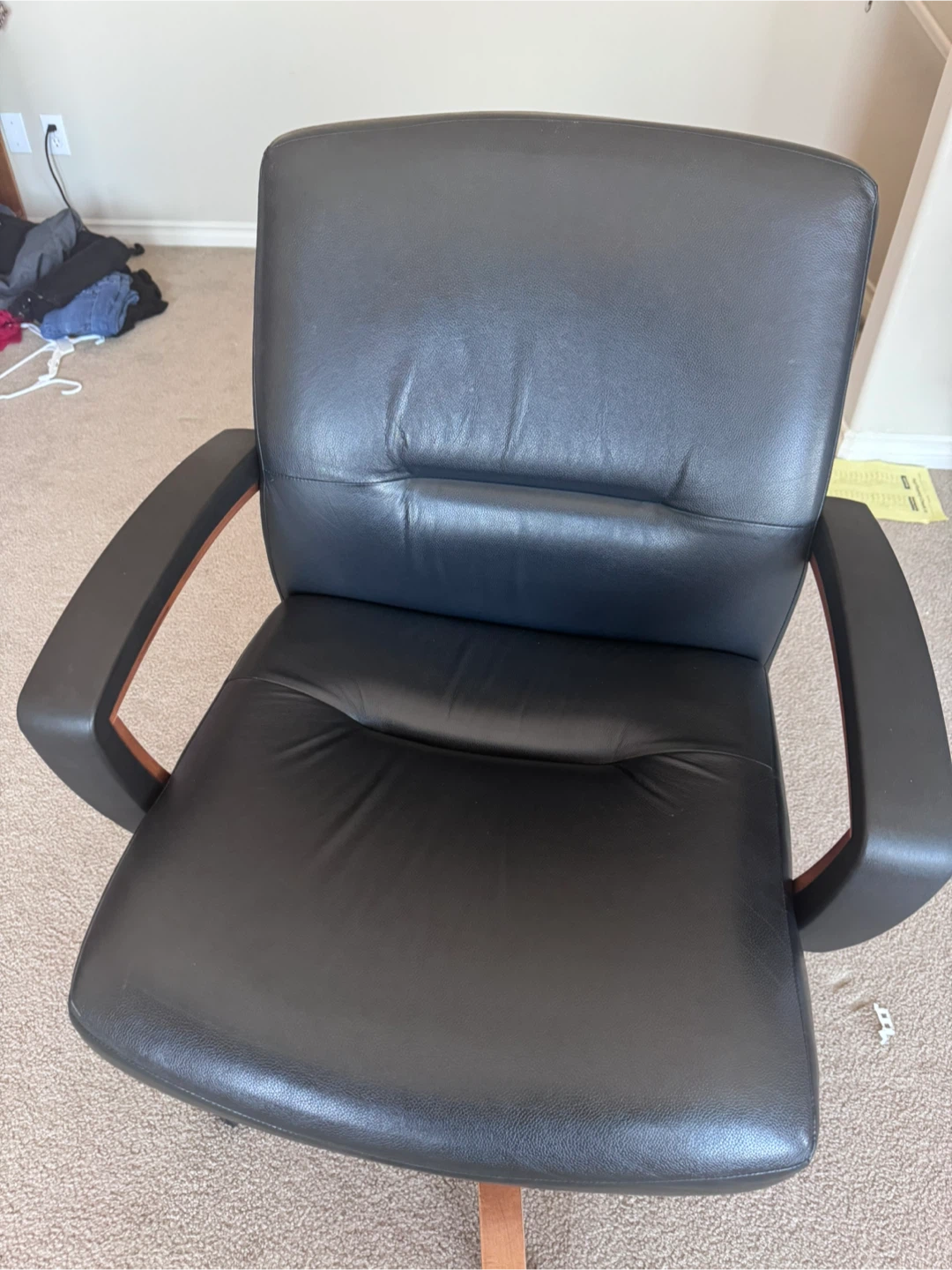 Black Leather Executive Office Chair with Wooden Accents