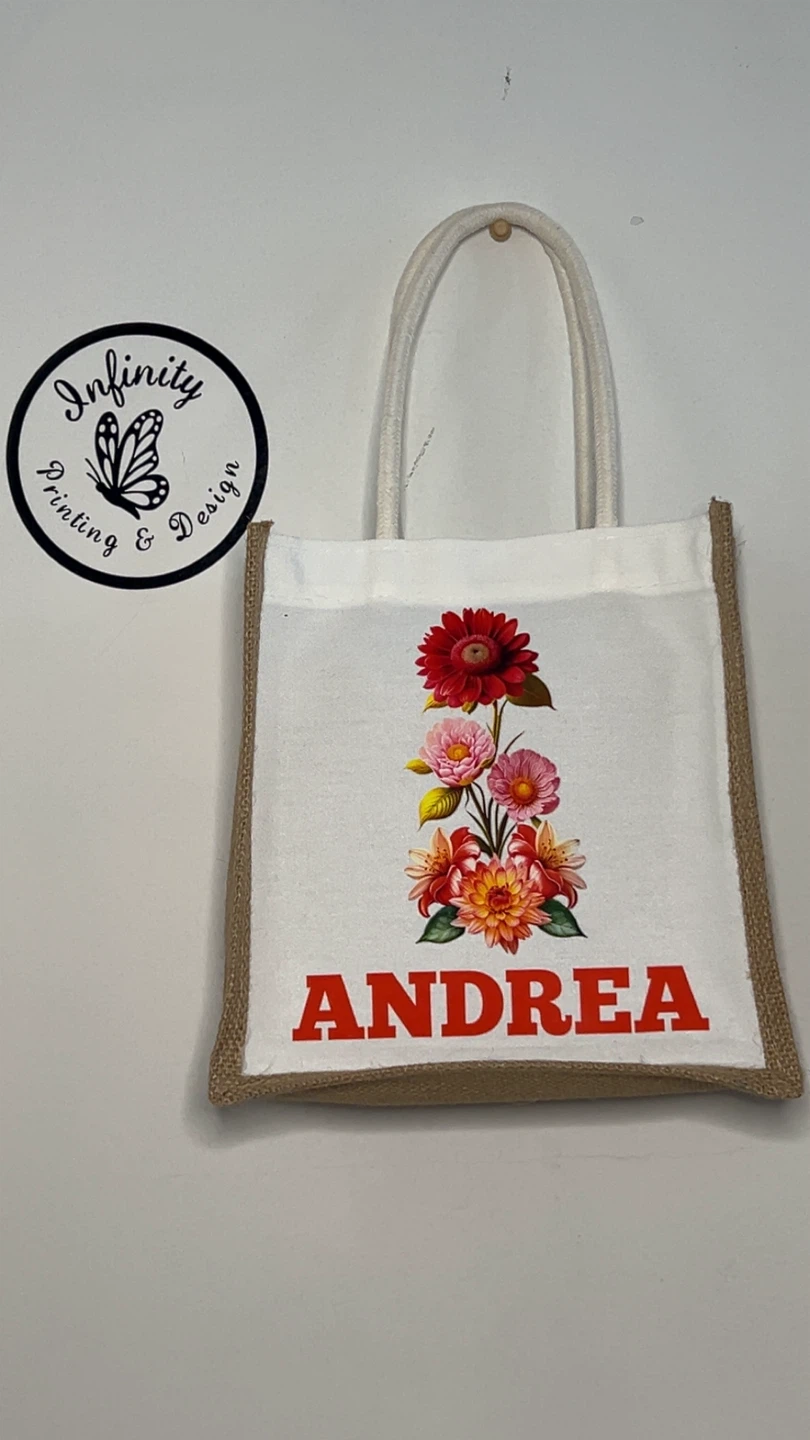 Personalized Jute Tote Bag with Floral Design and Name 'Andrea'