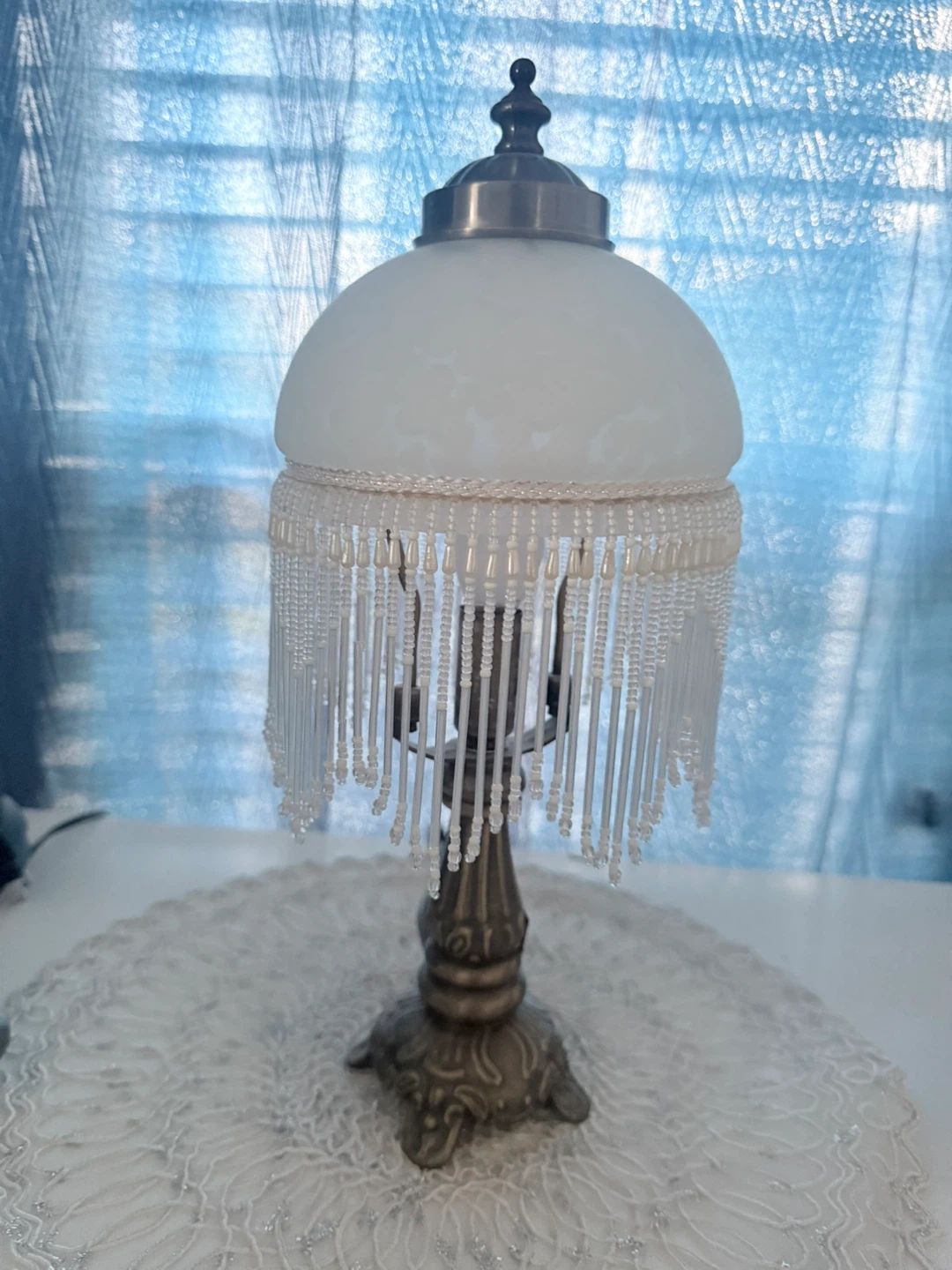 Vintage Frosted Glass Table Lamp with Beaded Fringe