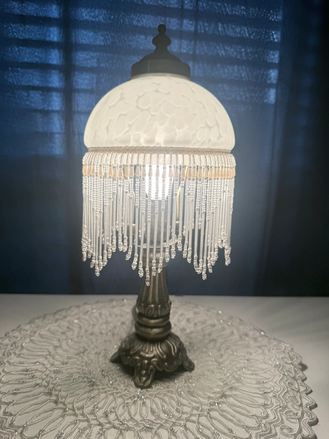 Vintage Frosted Glass Table Lamp with Beaded Fringe - photo 2