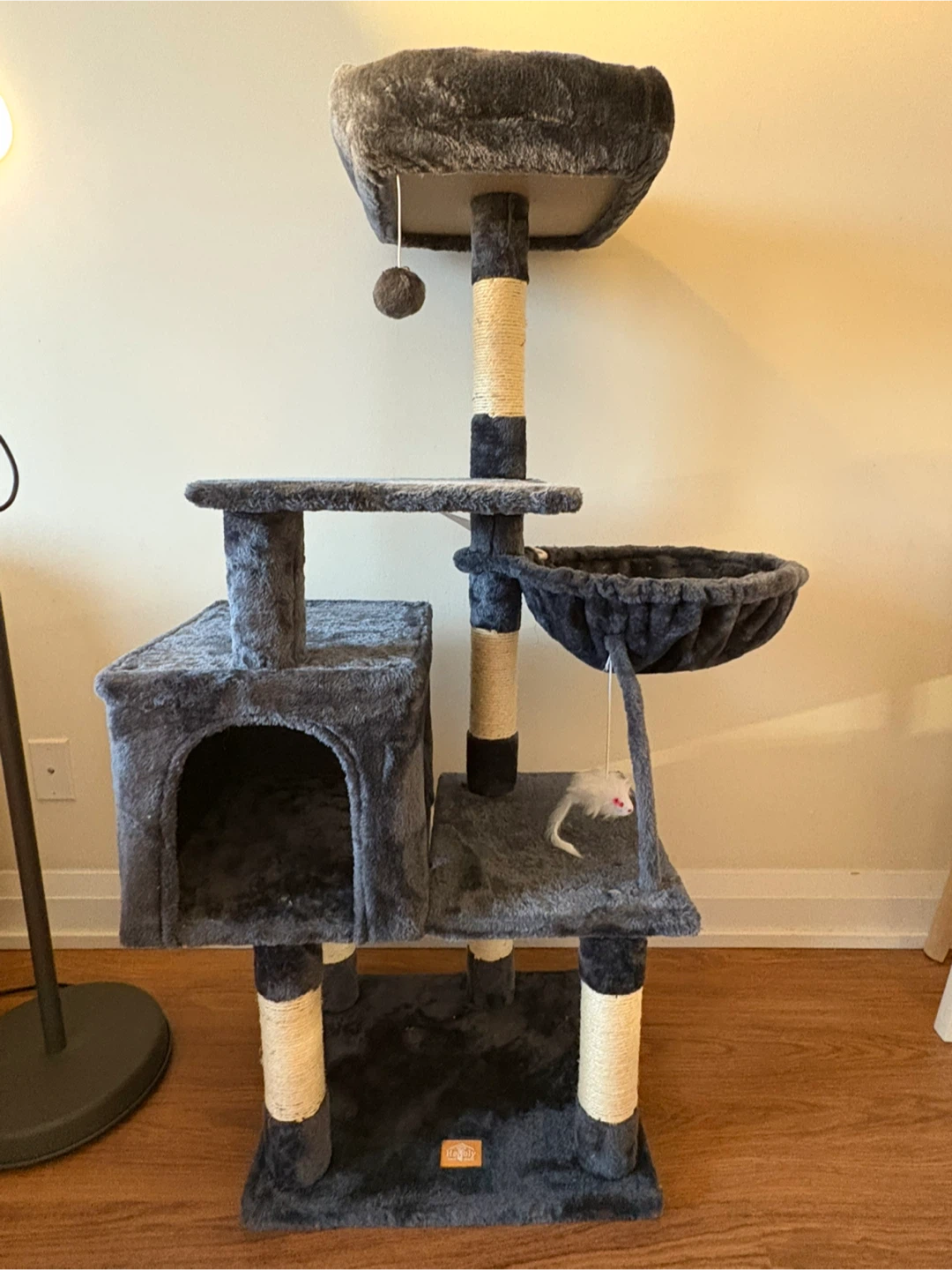 Grey Cat Tree with Condo and Dangling Toys