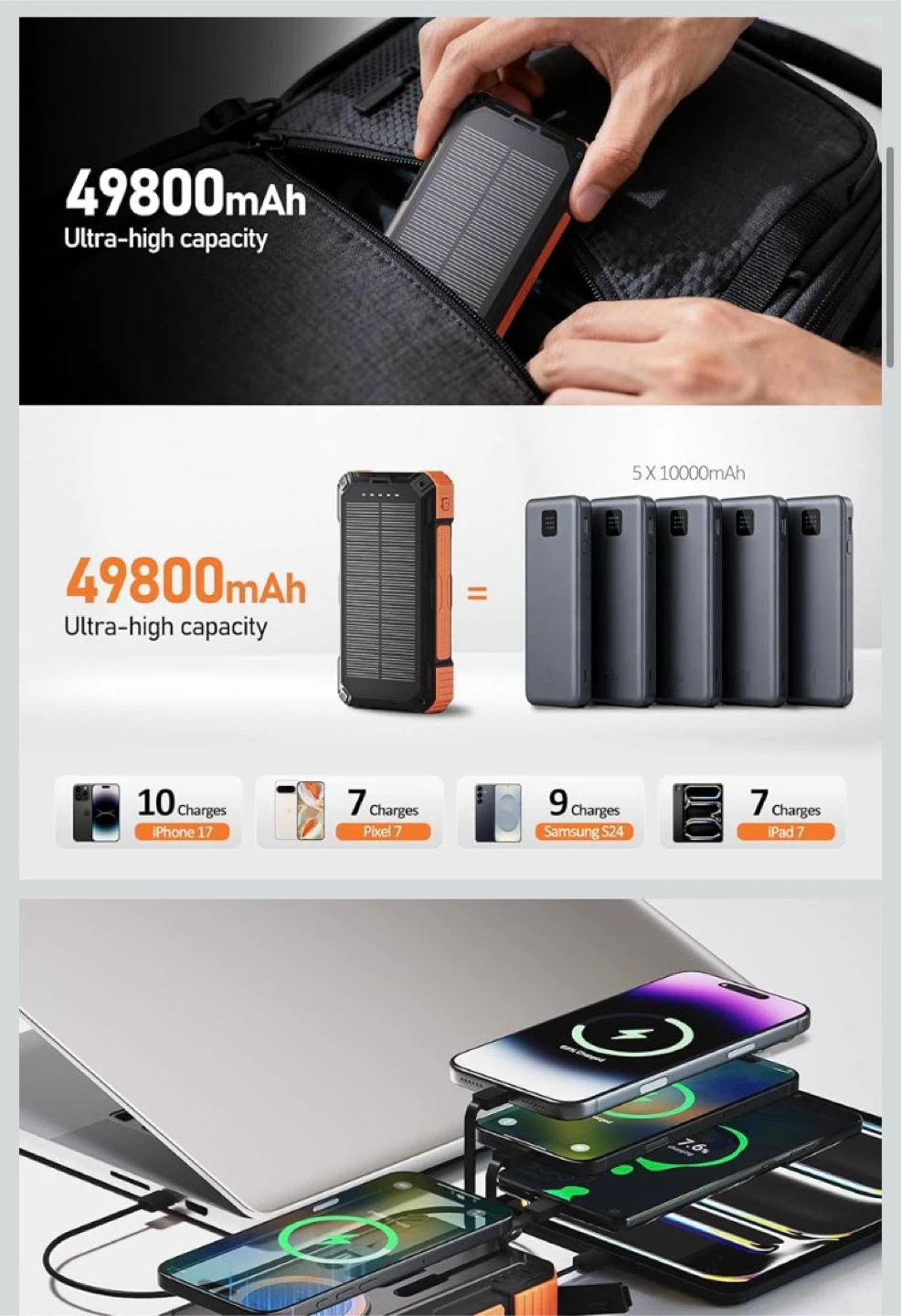 49800mAh Solar portable Power Bank /Wireless & Flashlight - photo 4