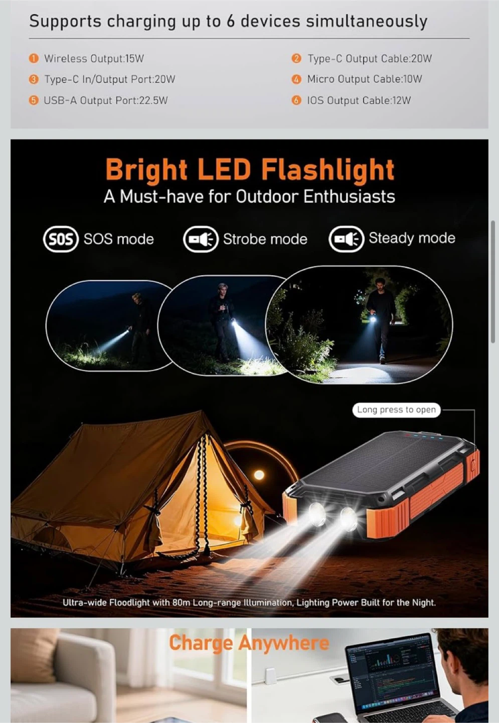 49800mAh Solar portable Power Bank /Wireless & Flashlight - photo 5