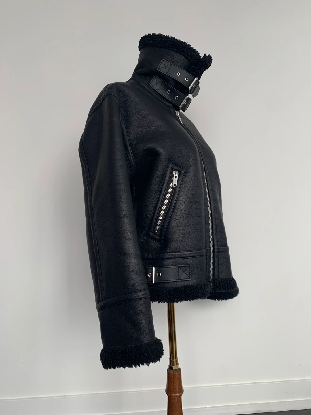 Black Faux Leather Shearling Lined Aviator Jacket - photo 5