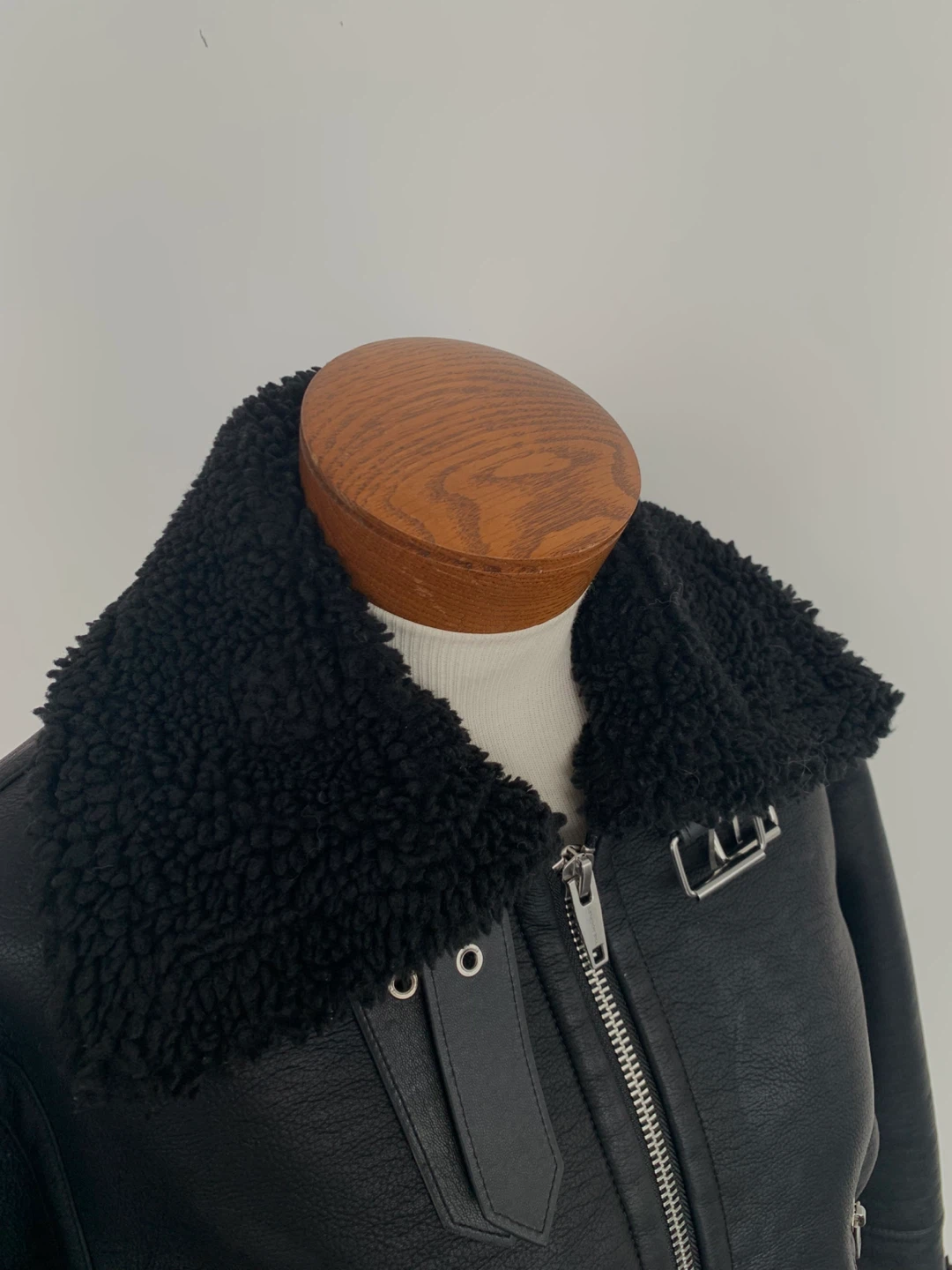 Black Faux Leather Shearling Lined Aviator Jacket - photo 3