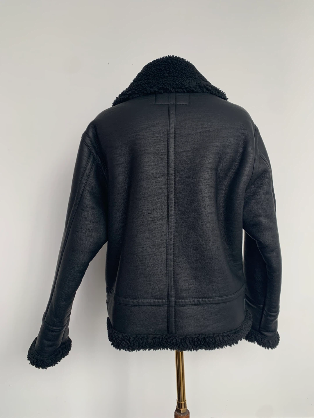 Black Faux Leather Shearling Lined Aviator Jacket - photo 2