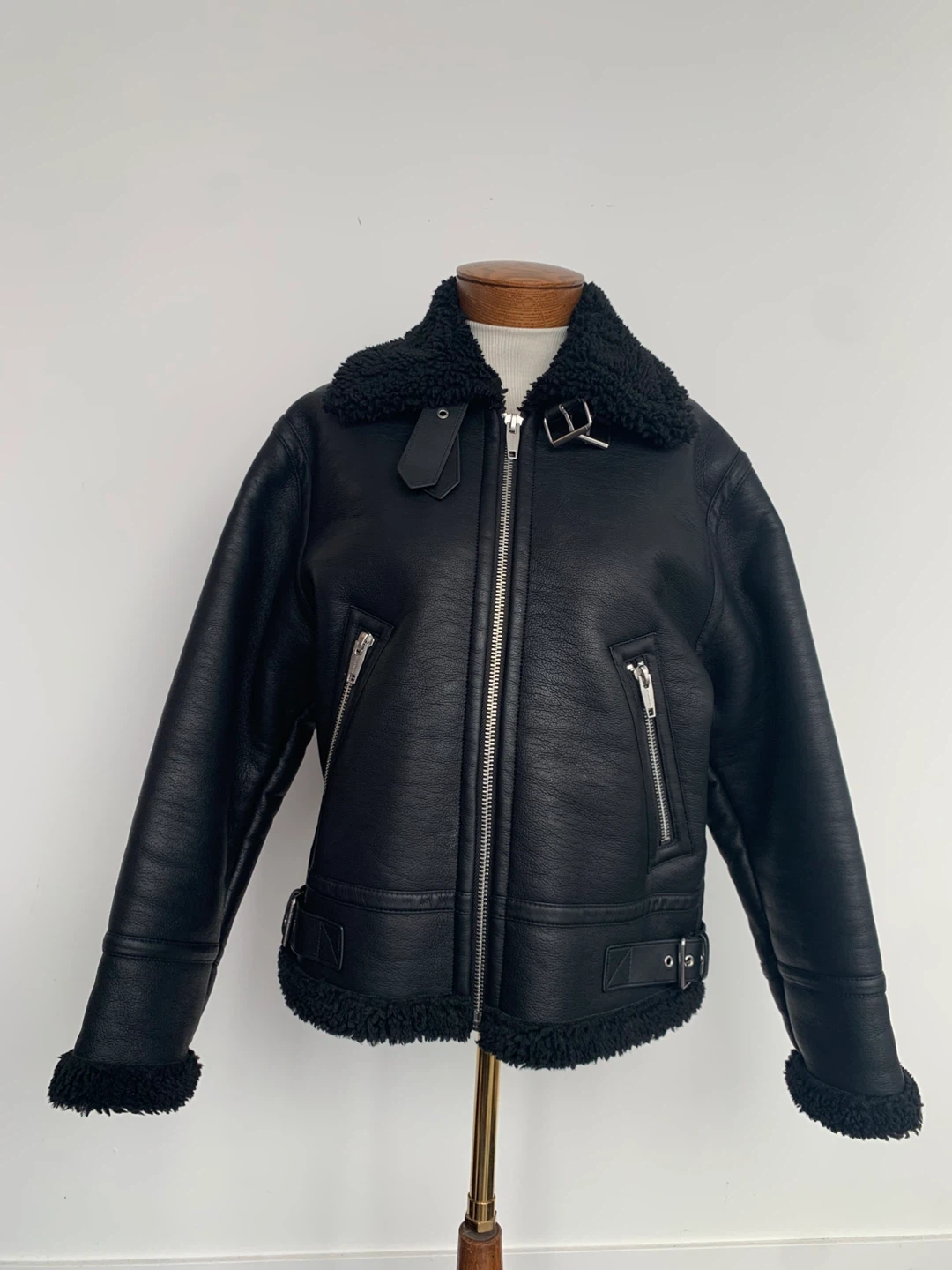 Black Faux Leather Shearling Lined Aviator Jacket
