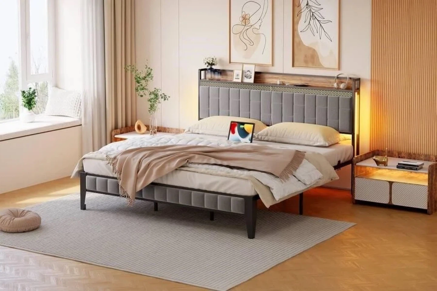 King Size Bed Frame Lights/charging with upholstered Headboard