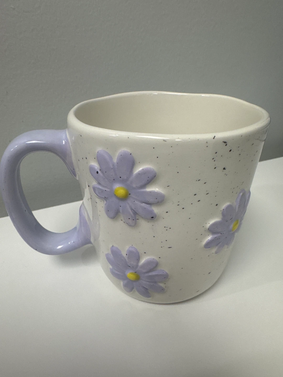 White Ceramic Mug with Purple Daisies