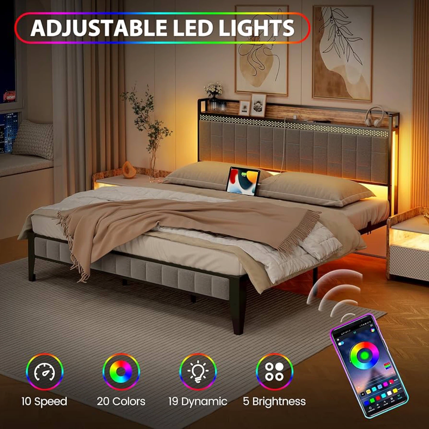 King Size Bed Frame Lights/charging with upholstered Headboard - photo 3