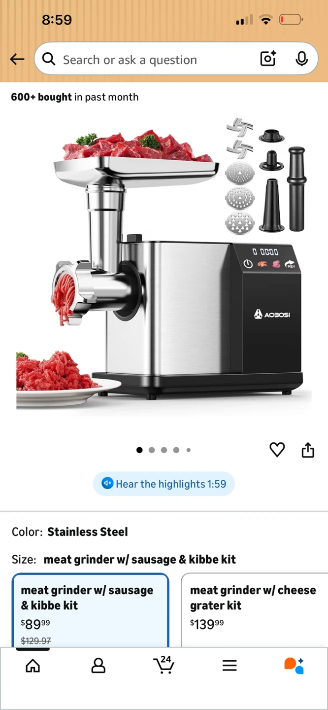 AOBOISI Meat Grinder w/ Sausage & Kibbe Kit Stainless Steel