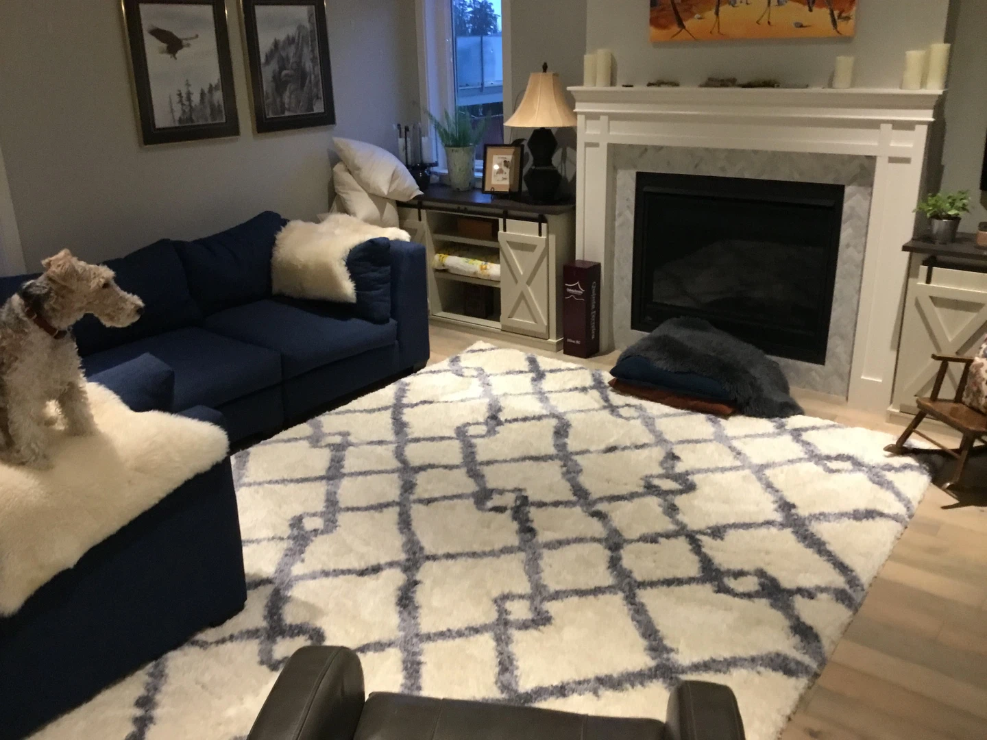 Turkish shag rug with blue and white diamond pattern