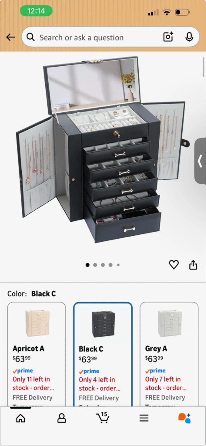 Large Black Jewelry Box Organizer with Mirror