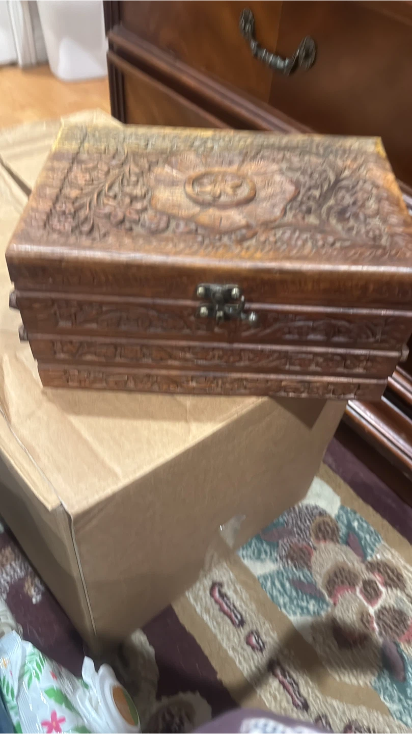 Vintage Carved Wooden Jewellery Box with Red Lining