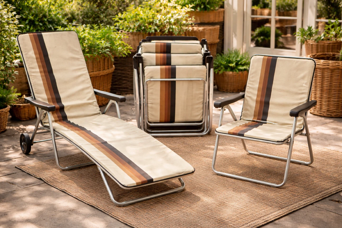 Vintage Striped Folding Lounge Chair with Wheels