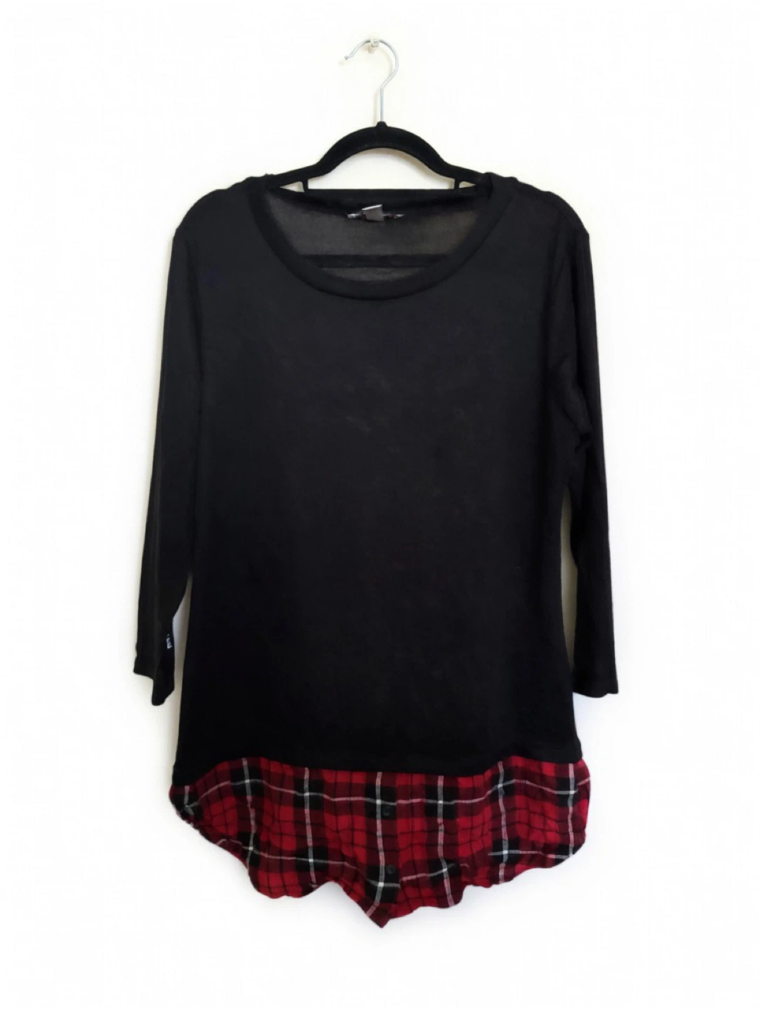 Black Long Sleeve Tunic with Red Plaid Hem