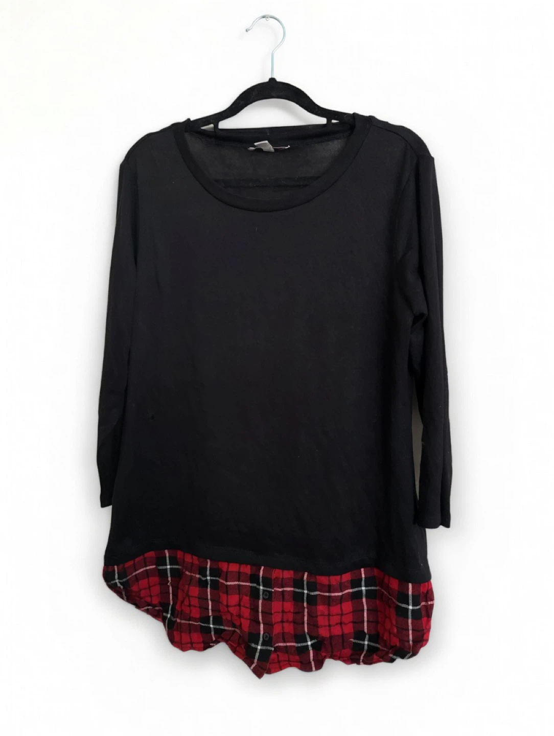 Black Long Sleeve Tunic with Red Plaid Hem - photo 2