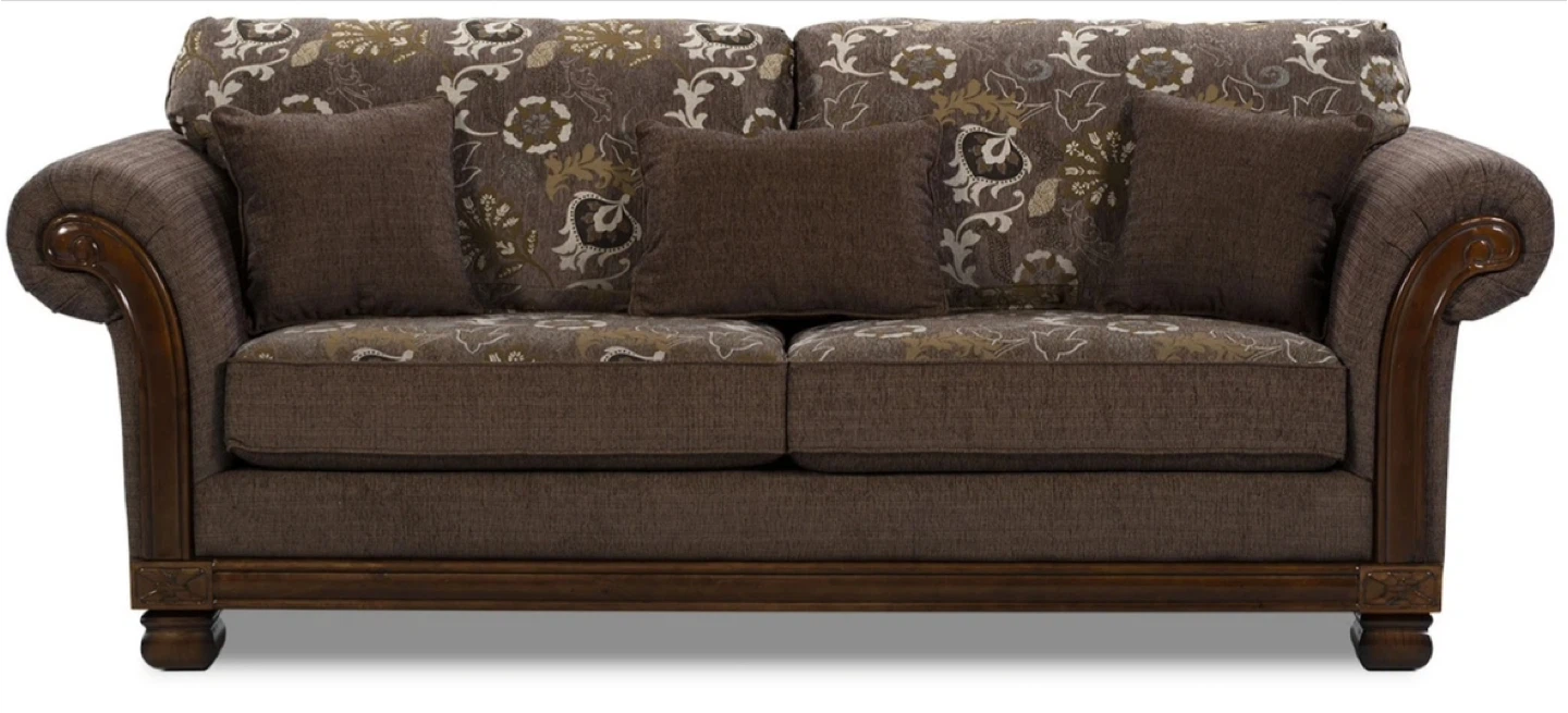 Brown Floral Sofa with Accent Pillows
