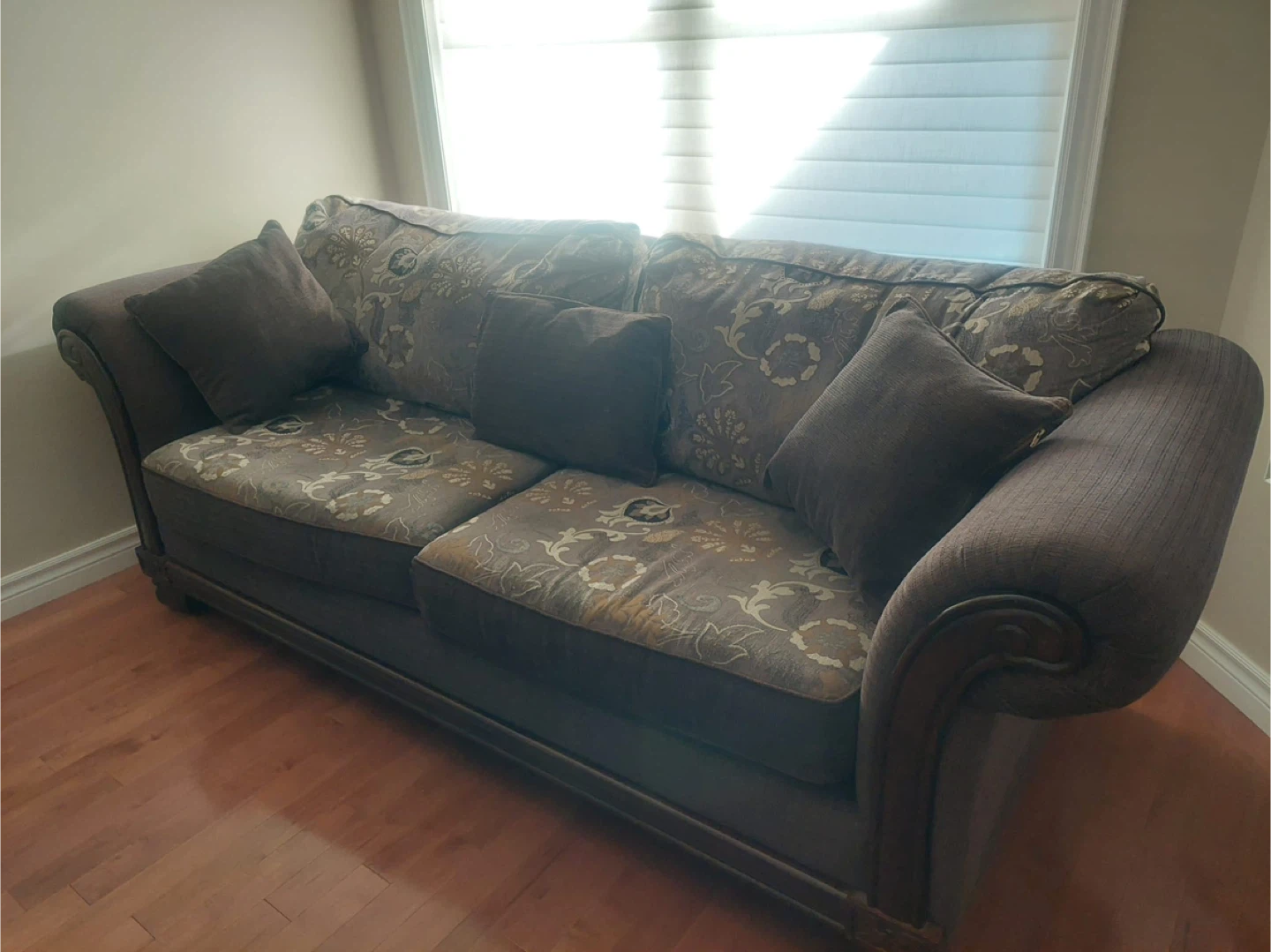Brown Floral Sofa with Accent Pillows - photo 3