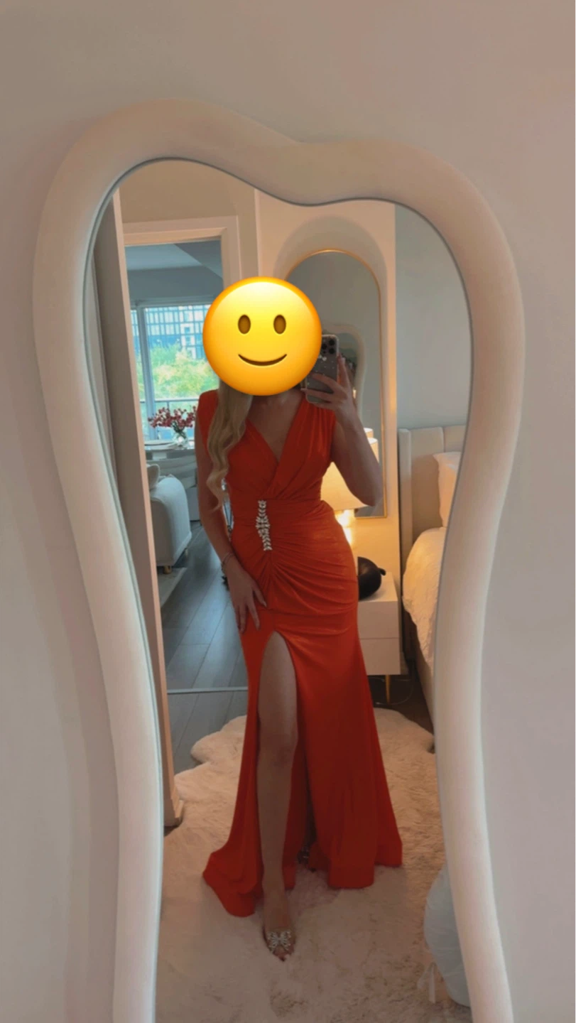 Orange Ruched V-Neck Evening Gown with Embellishment