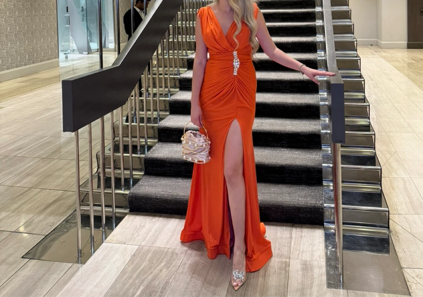 Orange Ruched V-Neck Evening Gown with Embellishment - photo 3