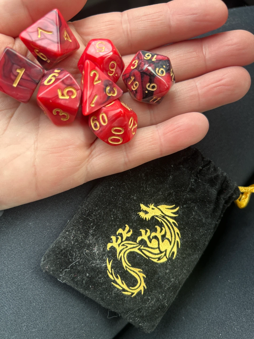 Red Marbled Dice Set with Dragon Pouch