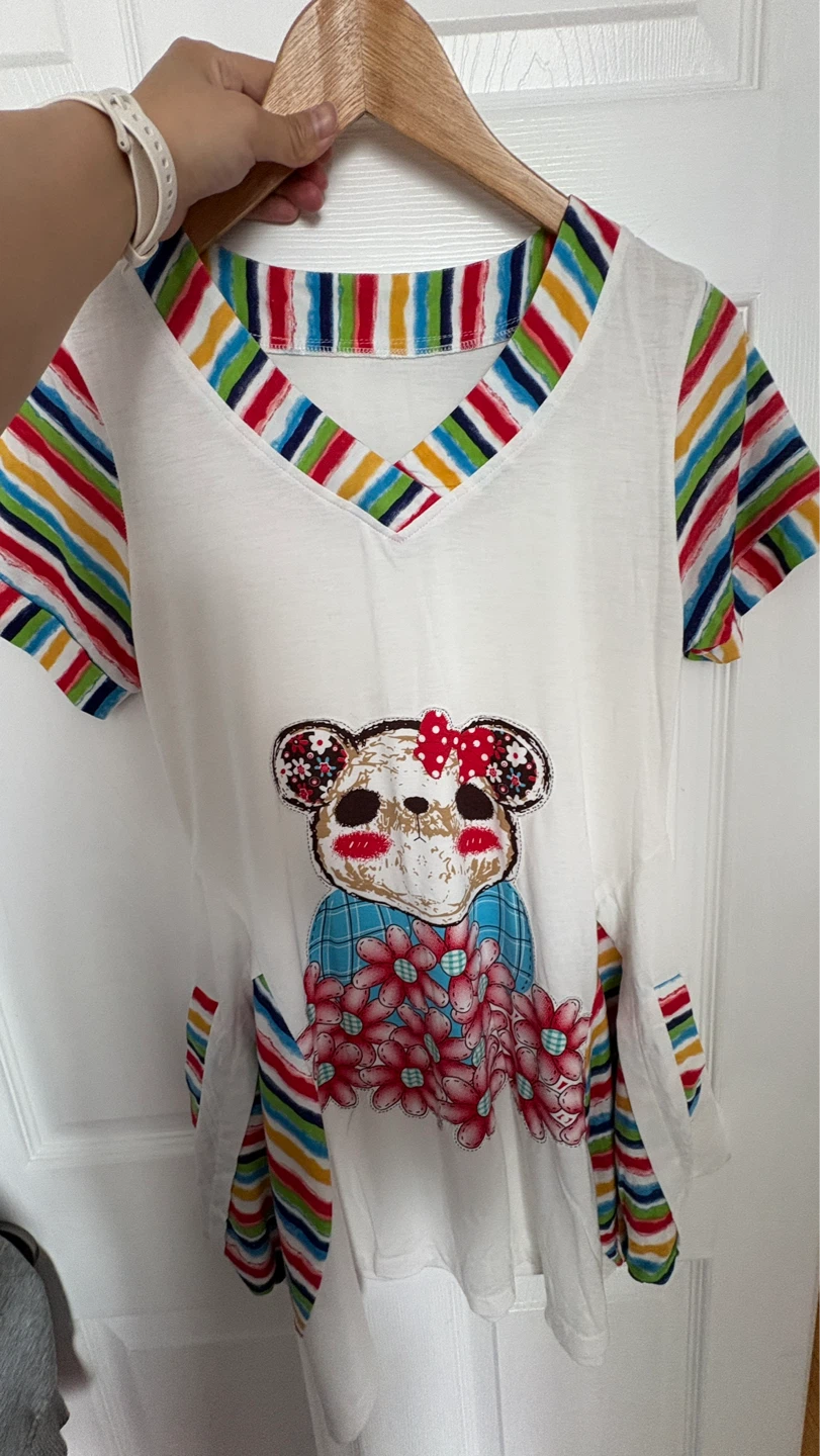Sleepwear with Bear Graphic and Rainbow Stripes