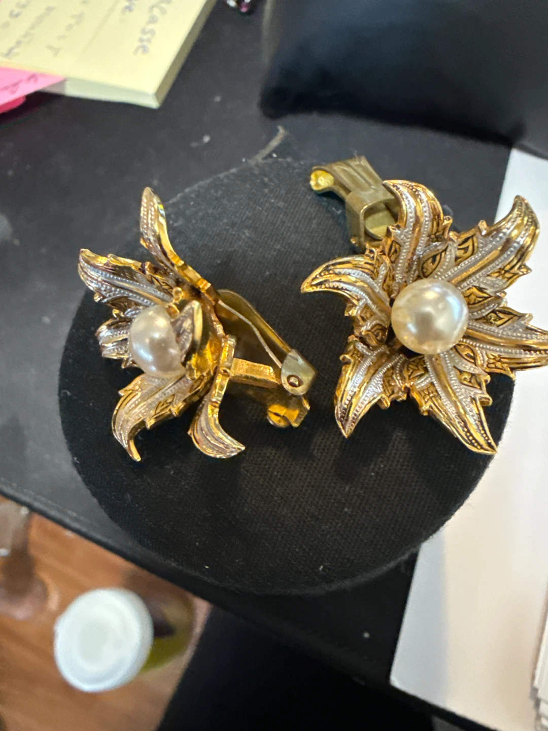 Vintage Gold Tone Flower Clip-On Earrings with Pearls