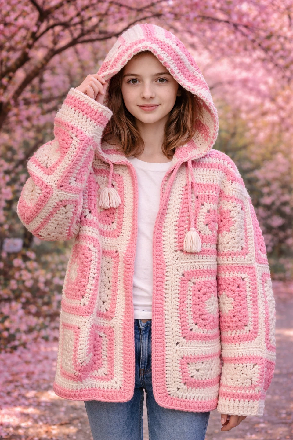 Crocheted Pink and Cream Hooded Cardigan