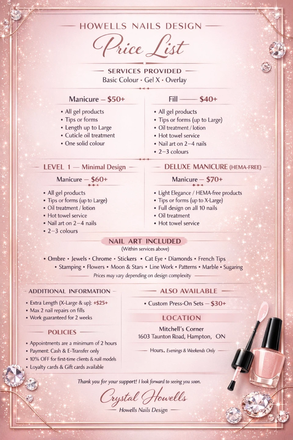 Howells Nails Design Price List & Services Guide