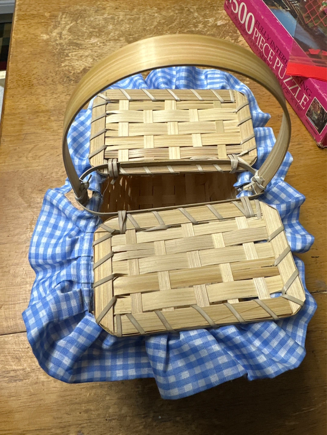 Woven Picnic Basket with Blue Gingham Liner