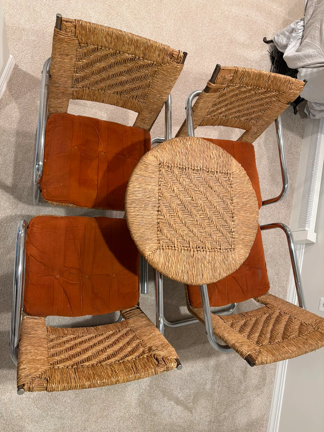 Vintage Rattan and Chrome Dining Set with 4 Chairs