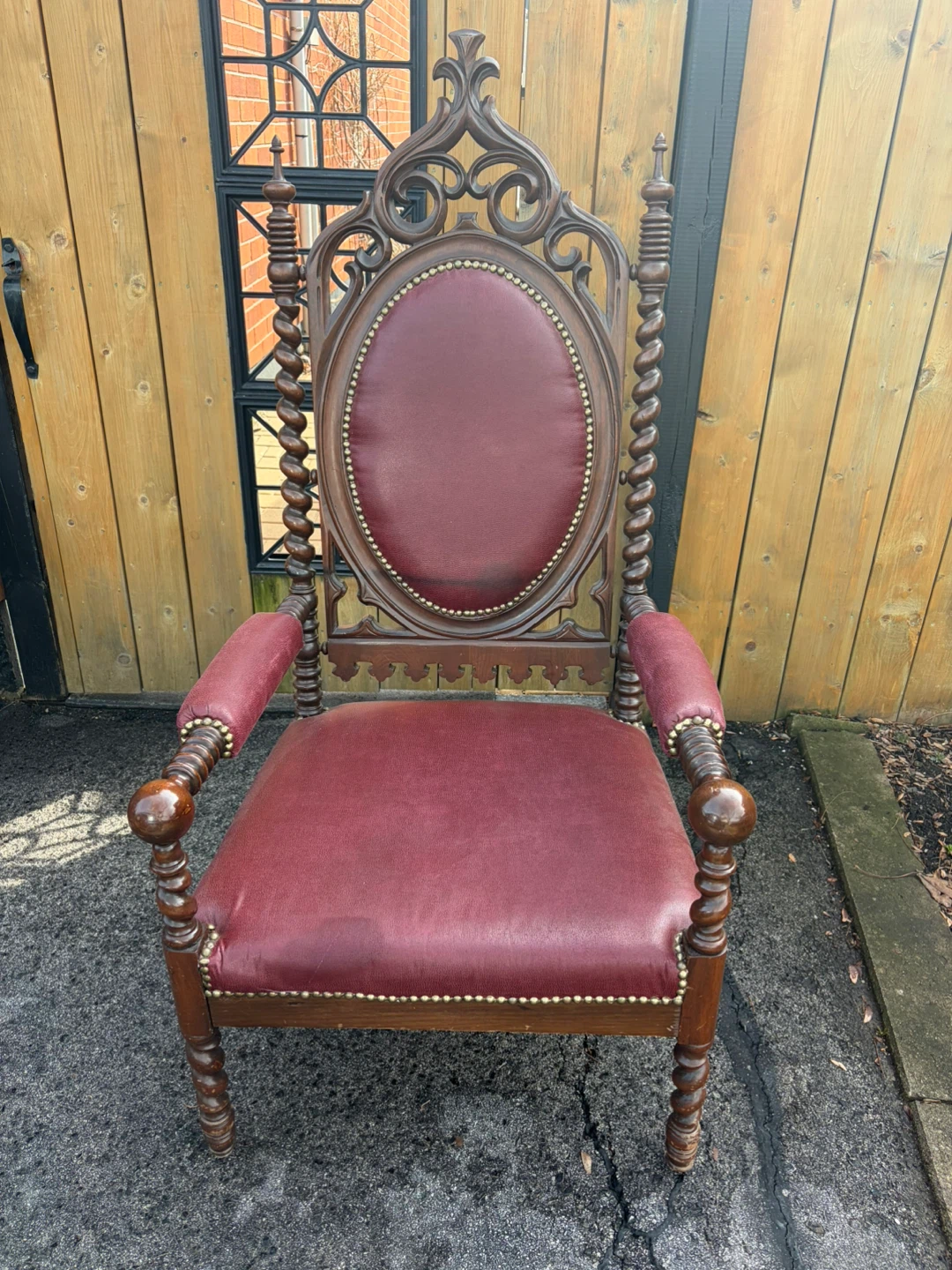 Antique Ornate Carved Wood & Red Leather Armchair