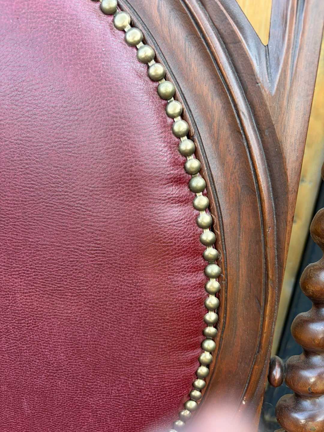 Antique Ornate Carved Wood & Red Leather Armchair - photo 2