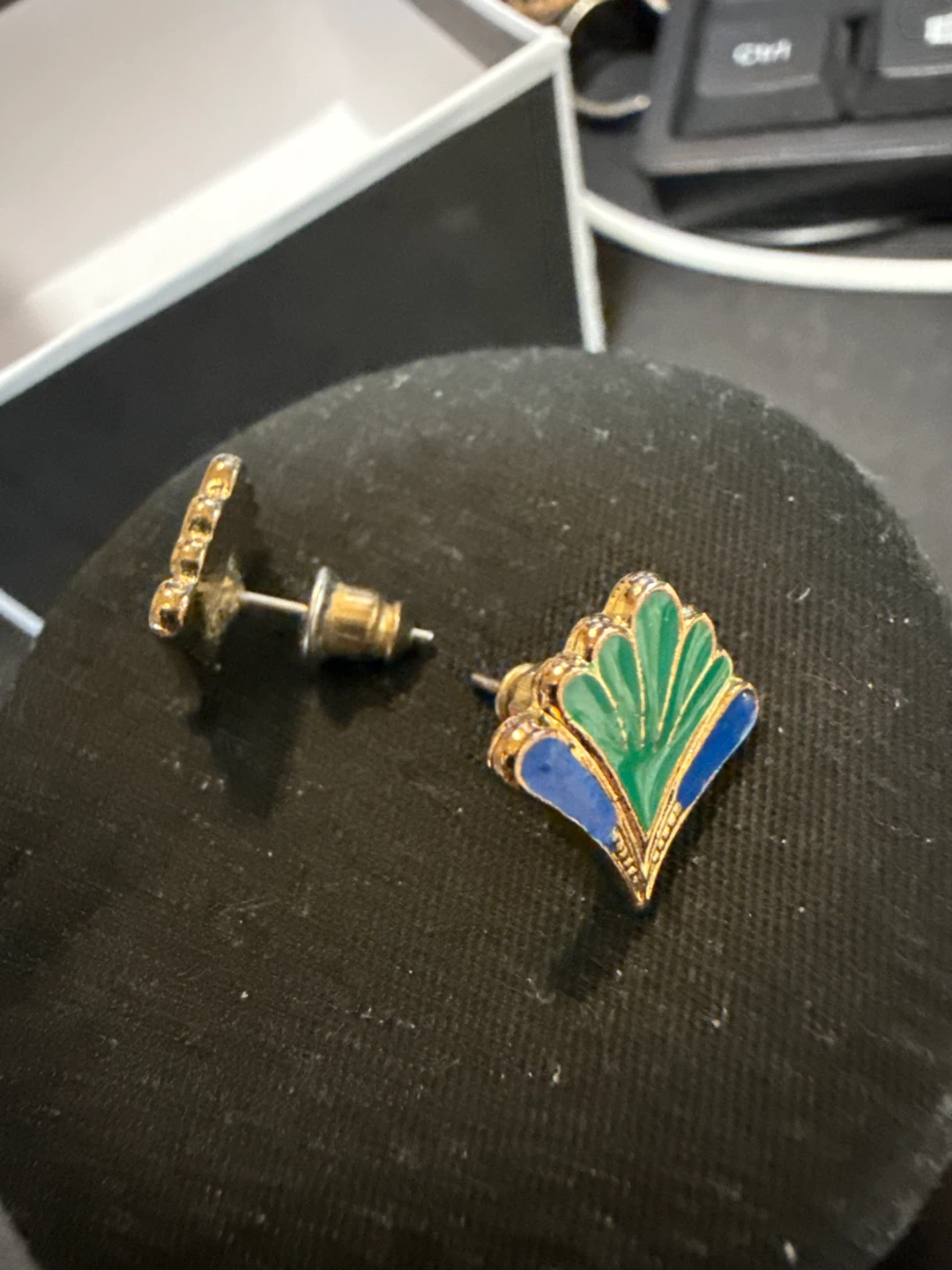Gold Tone Fan Design Earrings with Blue and Green Enamel - photo 2