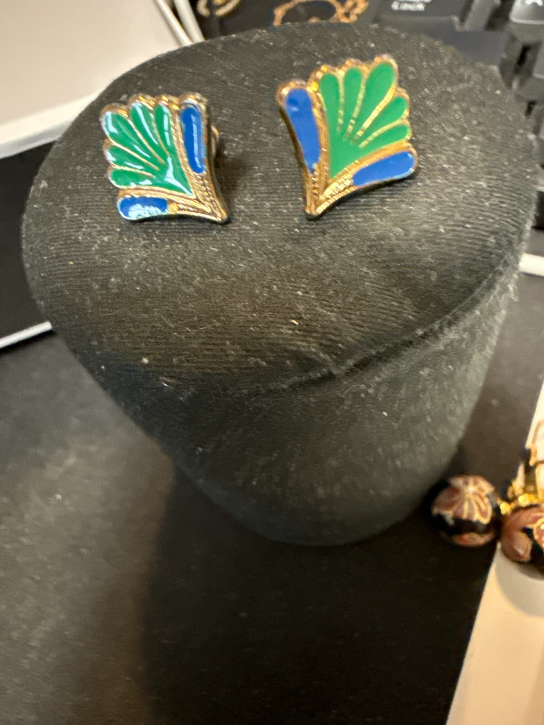Gold Tone Fan Design Earrings with Blue and Green Enamel